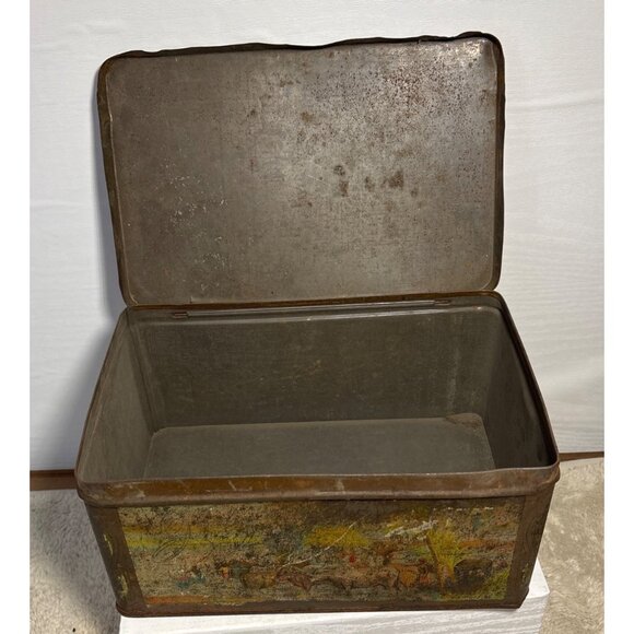 Thomas J Lipton Tea Tin Planters Hinge Lid Scenic Graphic Rustic Patina 9x6x4.5" - Picture 7 of 11